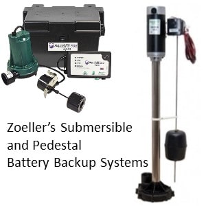 Pictured is Zoeller submerislbe 508-0005 and pedestal 585-005 Battery Backup sump pump. The images shows the difference tween the two. Zoeller battery backup pump systems.